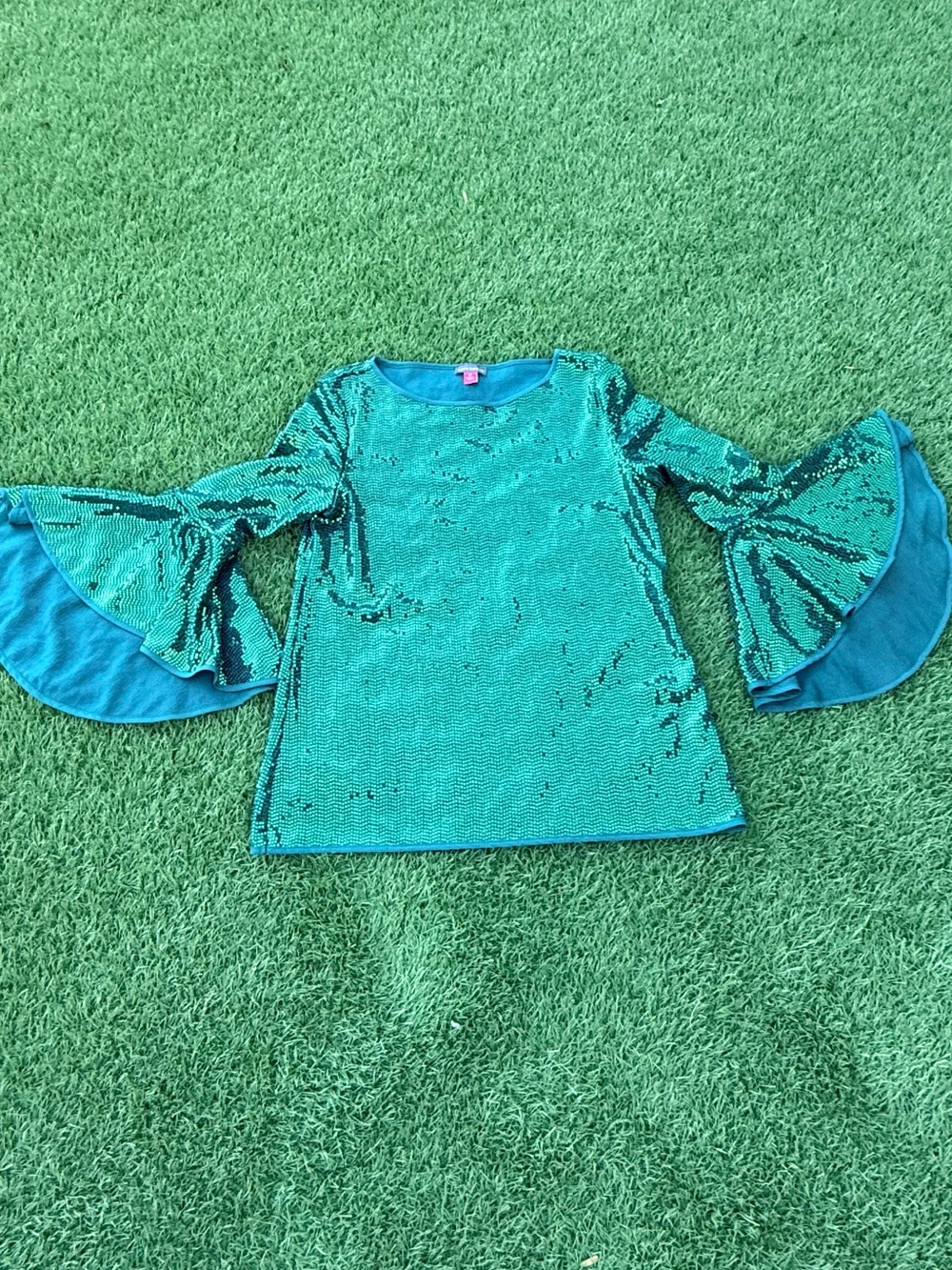 Women’s Teal Sequin Bell-Sleeve Top